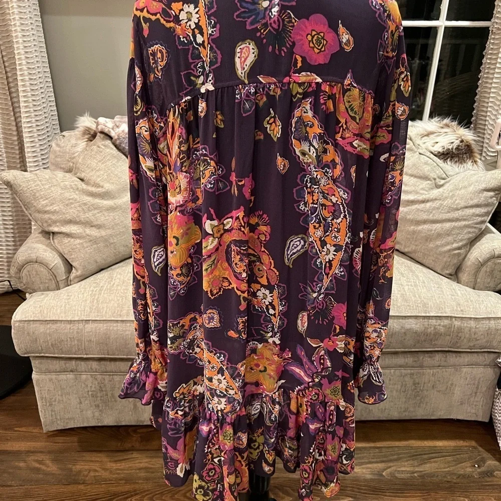 Free People Ibiza Nights Purple Floral Mini Dress Button Up Size Large